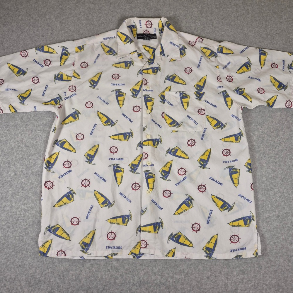 VTG Southpole Button Down Shirt Men's L White Nautical Sailboat All Over Print